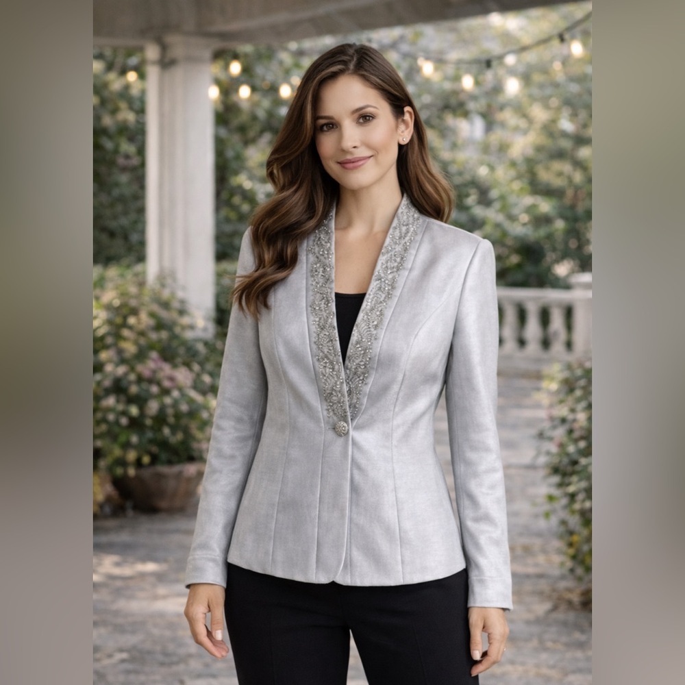 Silver beaded elegant formal blazer jacket, cover-up
